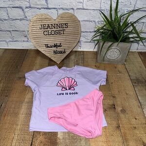 Girls Life Is Good Swimsuit Size 10 2 Piece Rash Guard Short Sleeve And Bottom